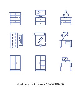 Home furniture, minimalist concept, interior design, cloth storage system, cupboard and table with lamp, window curtains, roller blind, vector line icon set