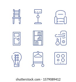 Home furniture, minimalist concept, interior design, chair and armchair, door and lock with key, accessories and decoration, standard lamp and LED light-bulb, vector line icon set