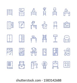 Home furniture, minimalist concept, interior design, cloth storage system, cupboard and table with chair, accessories and decoration, vector line icon set