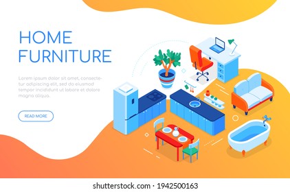 Home furniture - modern colorful isometric web banner with copy space for text. House interior elements illustration. Bathtub, kitchen cabinet, dining table, couch and workplace with a desk and laptop