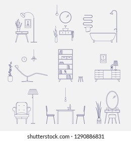 Home furniture, modern flat icons, line design. Sofa, table, lamp, bath. Set of vector illustration