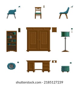 Home furniture old stile pixel art set. Table, chair, armchair, floor lamp, cupboard, ottoman, clock. Isolated vector illustration 