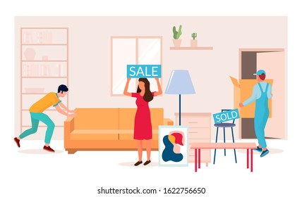 Home furniture sale, vector flat illustration. Special offers, seasonal and holiday discounts in furniture store composition for web banner, website page etc.