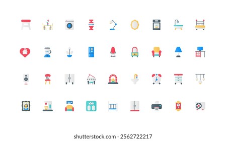 Home furniture, sanitary equipment and interior decor items color icon set. Sofa and armchair, air conditioning and lighting, green plants and vase for comfort flat elements vector illustration