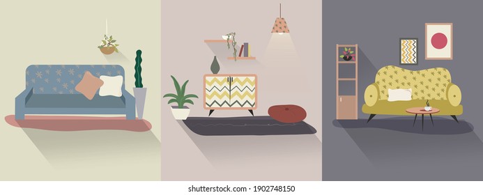 Home furniture set, colorful flat design rooms: living room with sofa, plants, table, lamps, dresser and shelves, and a leisure room for yoga, relaxation or exercise. Vectorized, 3 illustrations.