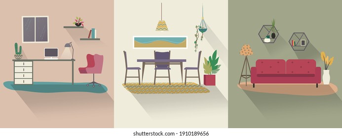 Mobiliario casero, diseño plano mudo y colorido: salón con sofá, plantas, lámpara y estanterías; oficina con escritorio, ventana, silla, computadora; comedor con sillas de mesa.  Ilustraciones vectorizadas
