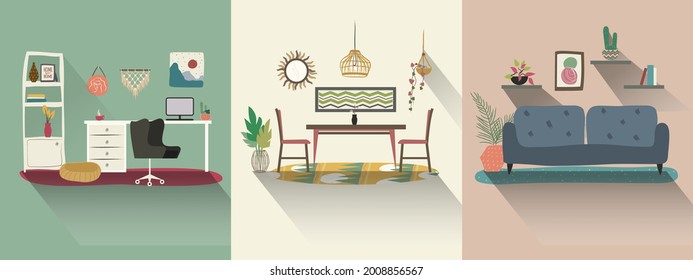 Home furniture set, colorful mute flat design: living room with couch, plants and shelves; office with desk, chair, computer and shelving; dinning room with table  chairs.  Vectorized illustrations