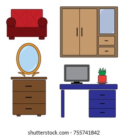 Home furniture. Set of four separate colour images for infographics and illustration. Chair, mirror, table with drawers, drawer, wardrobe. Simple icons. Vector illustrations on white background