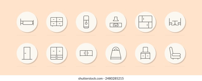 Home furniture set icon. Bed, drawers, cabinet, kitchen, table, door, wardrobe, sofa. Vector line icon on peach background.
