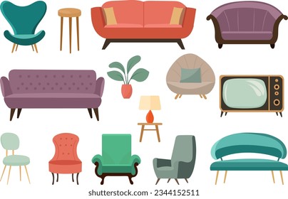 home furniture set, sofa, armchairs, tv vector