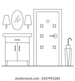 Home furniture signs set. Thin line art icons. Linear style illustrations isolated on white. Living room entrance interior outline sketch. Line style furniture: door, umbrella, mirror, wall lamp.