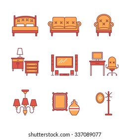 Home furniture signs set. Thin line art icons. Flat style illustrations isolated on white.