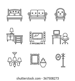 Home furniture signs set. Thin line art icons. Linear style illustrations isolated on white.