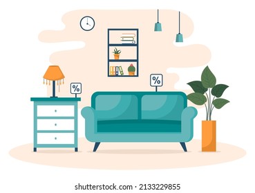 Home Furniture Store Flat Design Illustration for the Living Room to be Comfortable Like a Sofa, Desk, Cupboard, Lights, Plants and Wall Hangings