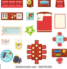  Home furniture top view set with bath table and bed flat isolated vector illustration 