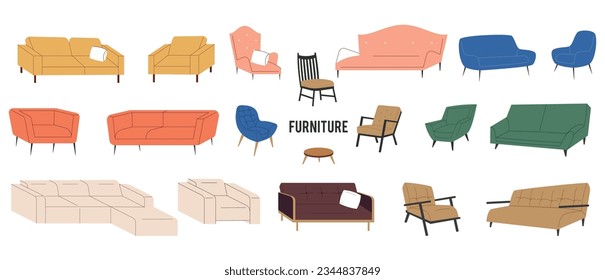 Mobiliario casero.Sofás, sillas, sillones, otomanos y sofás de diseño con cojines de estilo retro de mediados de siglo.Colección moderna de muebles mullidos. Ilustración vectorial plana de color aislada.