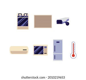 Home gadgets and kitchen appliances icon set - cartoon house electronics and equipment collection isolated on white background. Flat vector illustration.