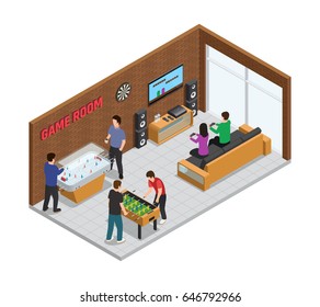 Home game club interior isometric composition cozy room for relaxation with board and video games vector illustration