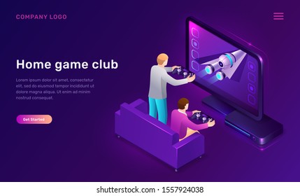 Home game club isometric concept vector illustration. 3D icon console, station for video games and two men players with joysticks in their hands, leisure home interior isolated on purple web banner.