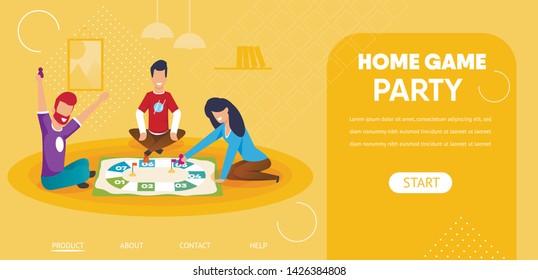 Home Game Party Horizontal Banner. Friends Company Sitting on Floor Playing Board Game Moving Chips. Couple of Men and Woman Spending Time Together, Leisure, Weekend. Cartoon Flat Vector Illustration