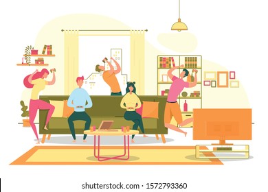 Home Gaming Party for Friends Flat Vector Concept. Happy, Excited Young Man and Woman Celebrating Victory in Computer Game, Joyful Teenagers Entertaining, Playing Console Games at Home Illustration