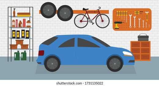 Home garage with car, bike and tools on the wall, flat vector interior illustration 