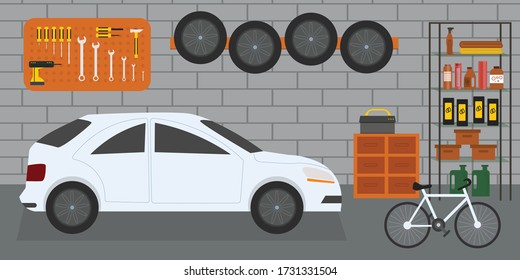 Home garage with car, bike and tools on the wall, flat vector interior illustration 