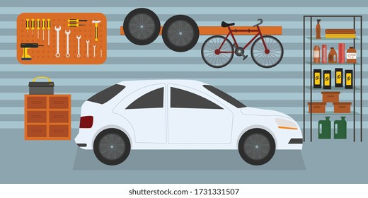 Garaje residencial con coche, bicicleta y herramientas en la pared, ilustración interior de vector plano 