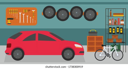 Home garage with car, bike and tools on the wall, flat interior illustration 