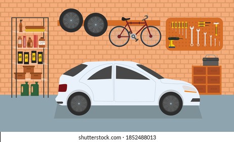 Home garage with car, bike and tools on the wall, flat vector interior illustration 