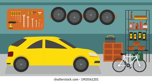 Home garage with car, bike and tools on the wall, flat vector interior illustration 