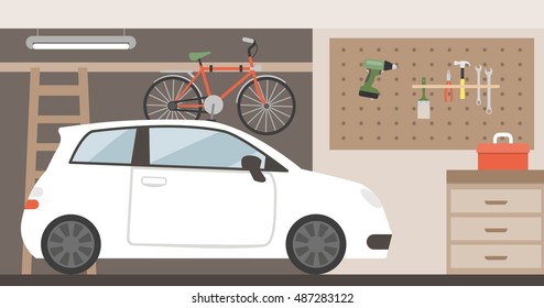 Home Garage With Car, Bike And Tools Hanging On The Wall