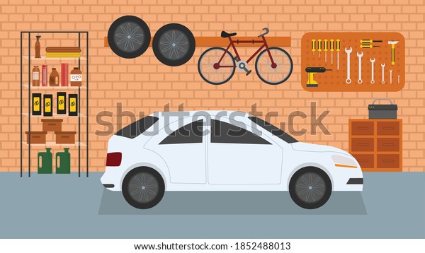 Home garage with car, bike and tools on the\
wall, flat vector interior illustration\
