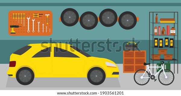 Home garage with car, bike and tools on the\
wall, flat vector interior illustration\
