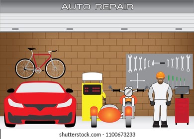 Home Garage Department For Service And Repair Car, Motocycle And Bicycle