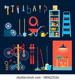 Home garage storeroom house interior objects composition with flat images of different manual tools and equipment vector illustration