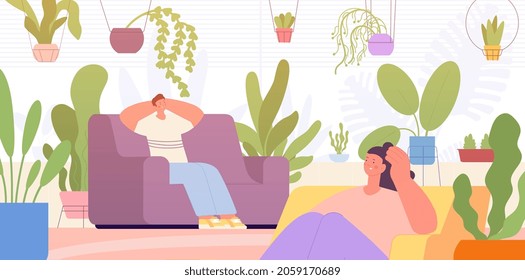 Home garden. Apartment interior with plants, woman relaxing. Modern room natural decorations, cozy apartment. Urban jungle utter vector scene