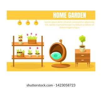 Home Garden Banner Template with Place for Text, Wooden Furniture and Home Plants, Flowers in Pots, Brochure, Poster, Booklet, Flyer or Business Card Vector Illustration