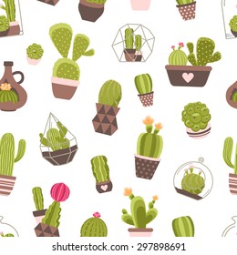 Home and garden cactus plants with flowers seamless pattern vector illustration