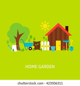 Home Garden Concept. Flat Poster Design Vector Illustration. Collection of Nature Gardening Colorful Objects.