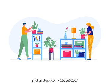 Home garden concept. Young people holding plant with leaves, cares for flower, watering, planting, cultivating. Illustration of flowers, plants in pots with people enjoying their hobbies. Vector
