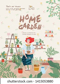 Home garden. Cute vector illustration of a woman planting potted flowers at home. Freehand drawing for a poster, banner or card
