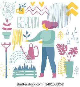 Home garden. Cute vector illustration of a woman planting potted flowers. Freehand drawing for a poster, banner or card