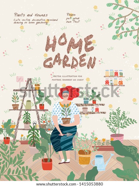 家庭菜園 家に鉢植えの花を植える女性のかわいいベクターイラスト ポスター バナー カード用のフリーハンド画像 のベクター画像素材 ロイヤリティフリー