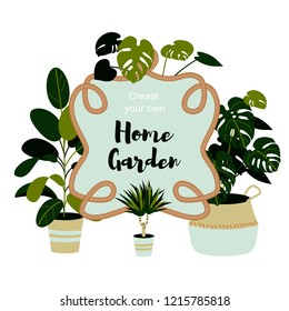 Home garden design with rope frame. Vector illustration. Floral label.