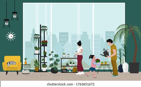 Home garden, family plants flowers in a cozy room. Gardening hobby, organic Botanical decor, loft style furniture. Florist, flower planting, vector illustration.  