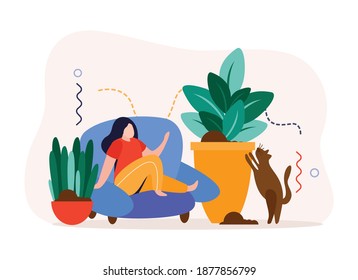 Home garden flat background with woman sitting in sitting in chair surrounded by home made potted flowers vector illustration