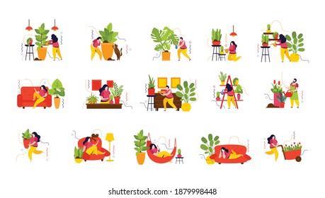 Home garden flat color set of female characters engaged in planting and caring for domestic plants isolated vector illustration