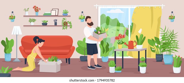 Home garden flat color vector illustration. Family cultivate and care for plants. Man and woman seedling. Horticulture in living room. Couple 2D cartoon characters with interior on background