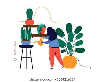 Home garden flat composition with character of woman watering flowerpots with plants vector illustration